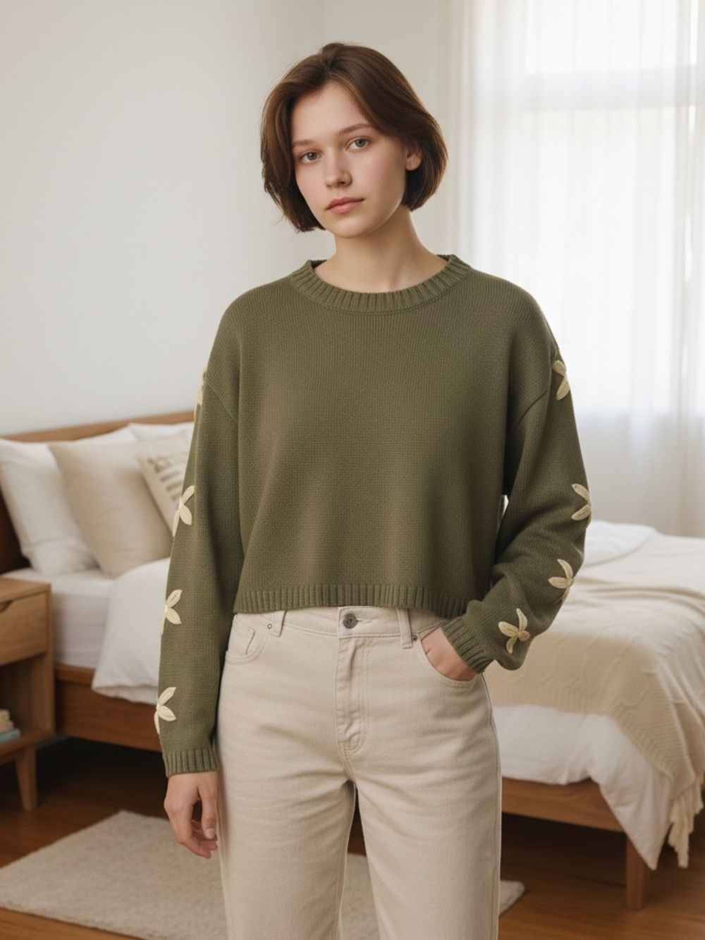 Altar’d State Olive Green Cropped Knit Sweater with Floral Sleeve Detail